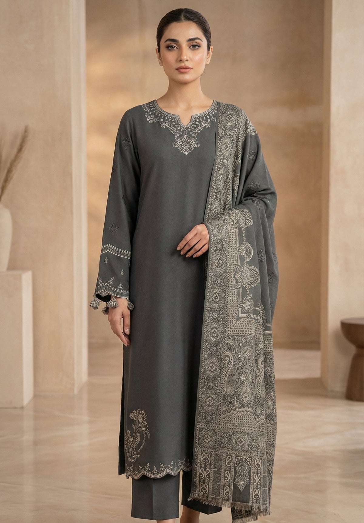 RTS | Lawn 3PC Heavy Embroidered Suit with Digital Print Voile Dobby Dupatta