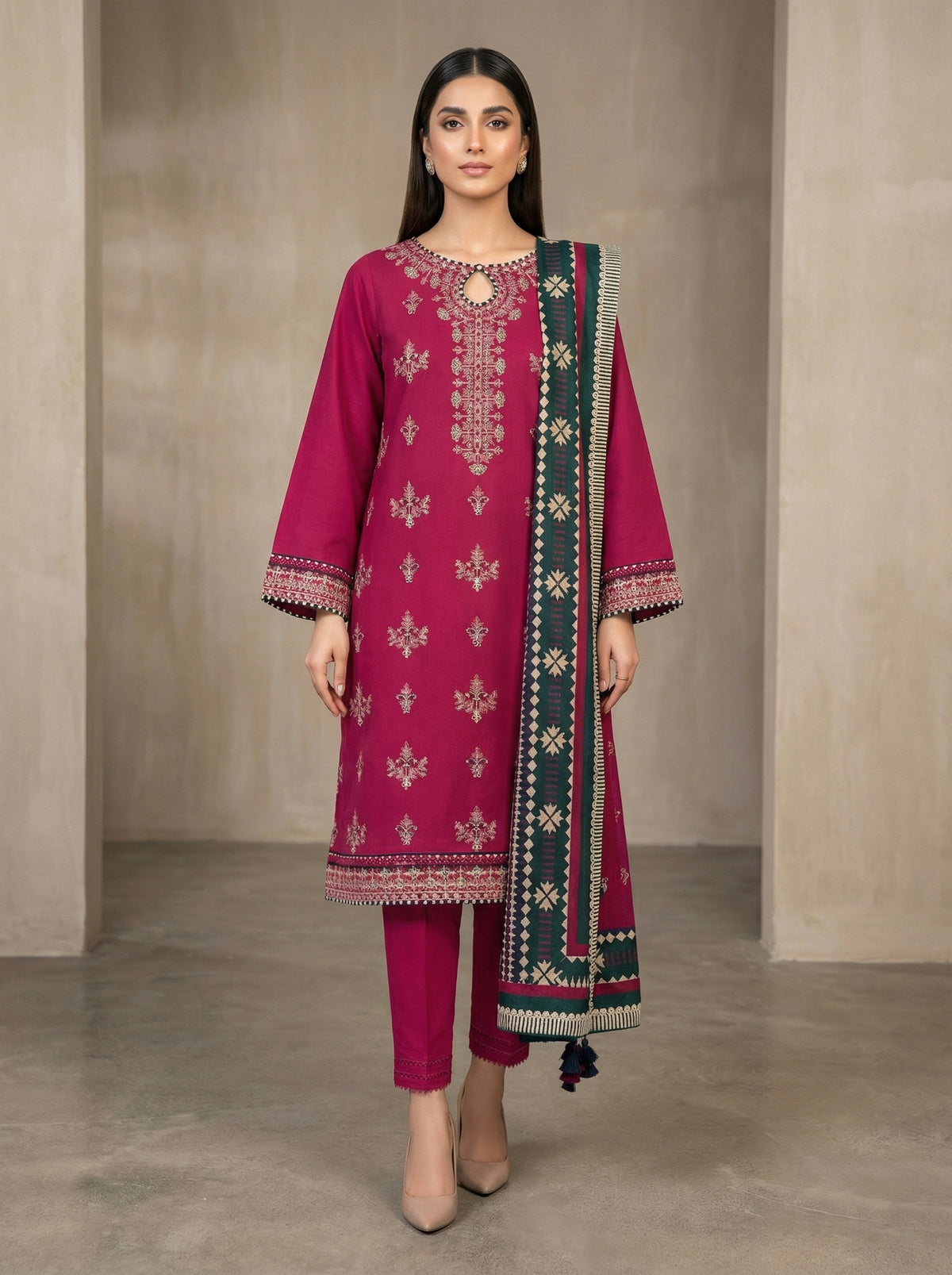 RTS | Lawn 3PC Heavy Embroidered Suit with Swiss Voile Dupatta