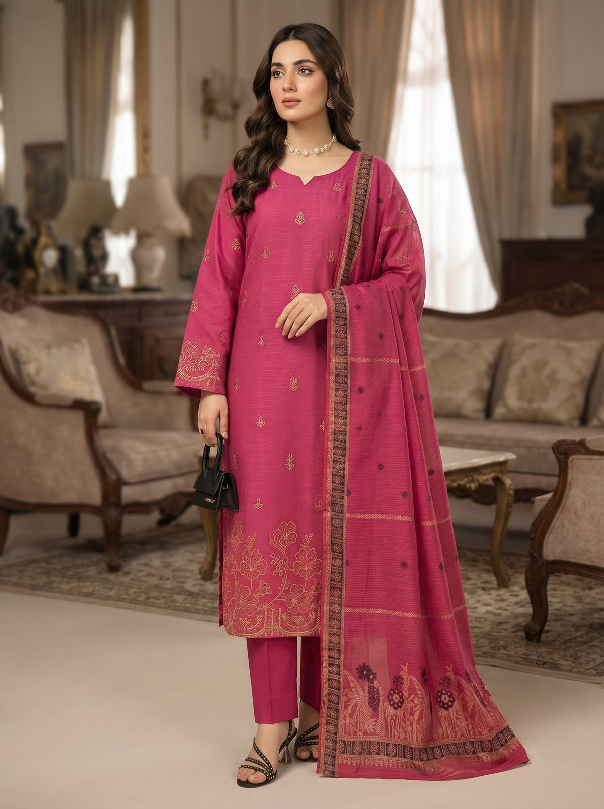 RTS | Bana Dora Lawn 3PC Heavy Embroidered Suit with Jacquard Dupatta