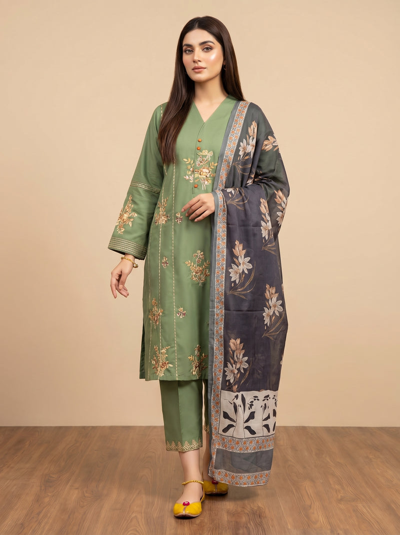 RTS | 3PC Heavy Embroidered Suit with Digital Printed Dupatta
