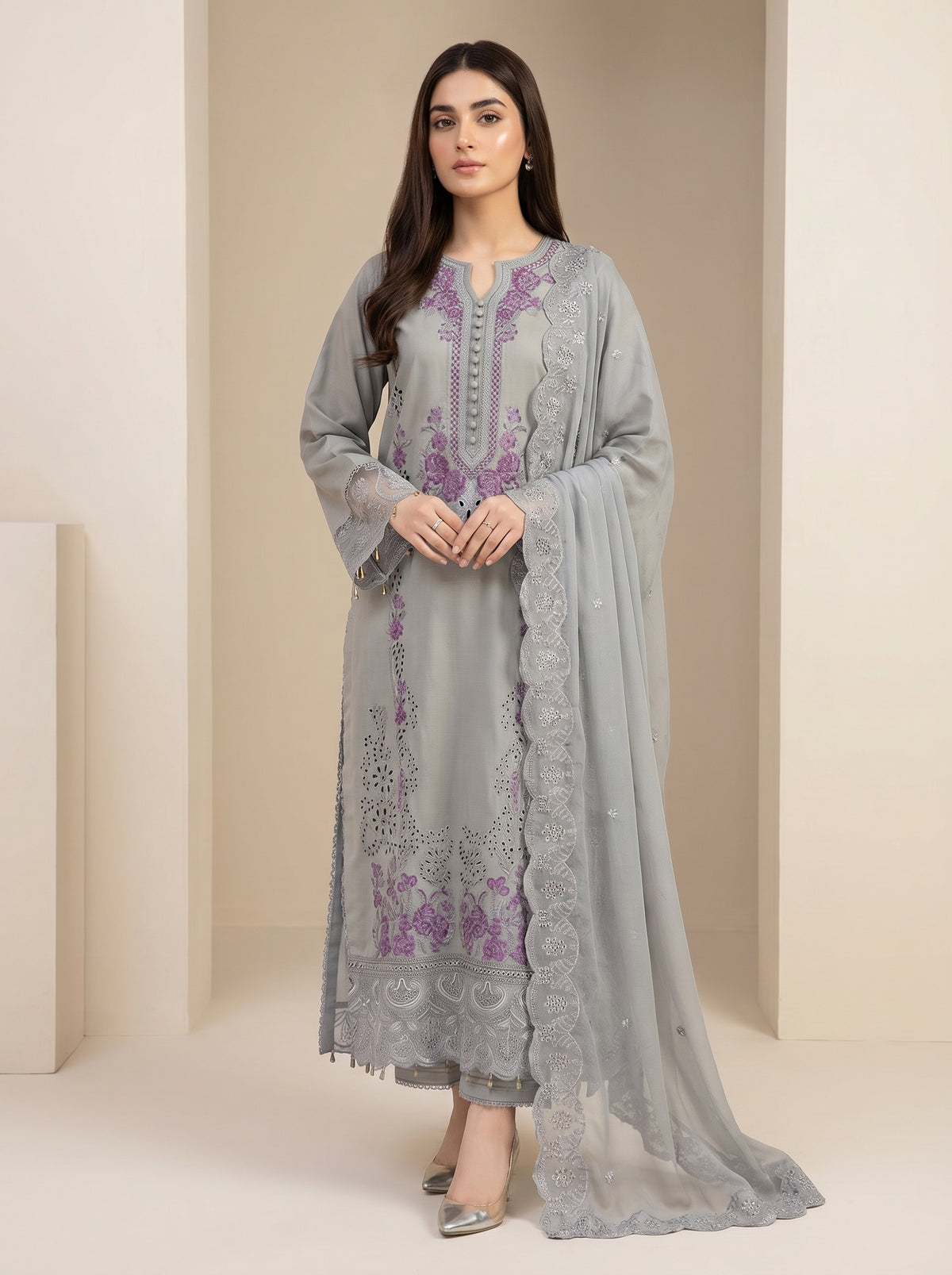 RTS | 3PC Chikankari Heavy Embroidered Suit with Bamber Chiffon Dupatta