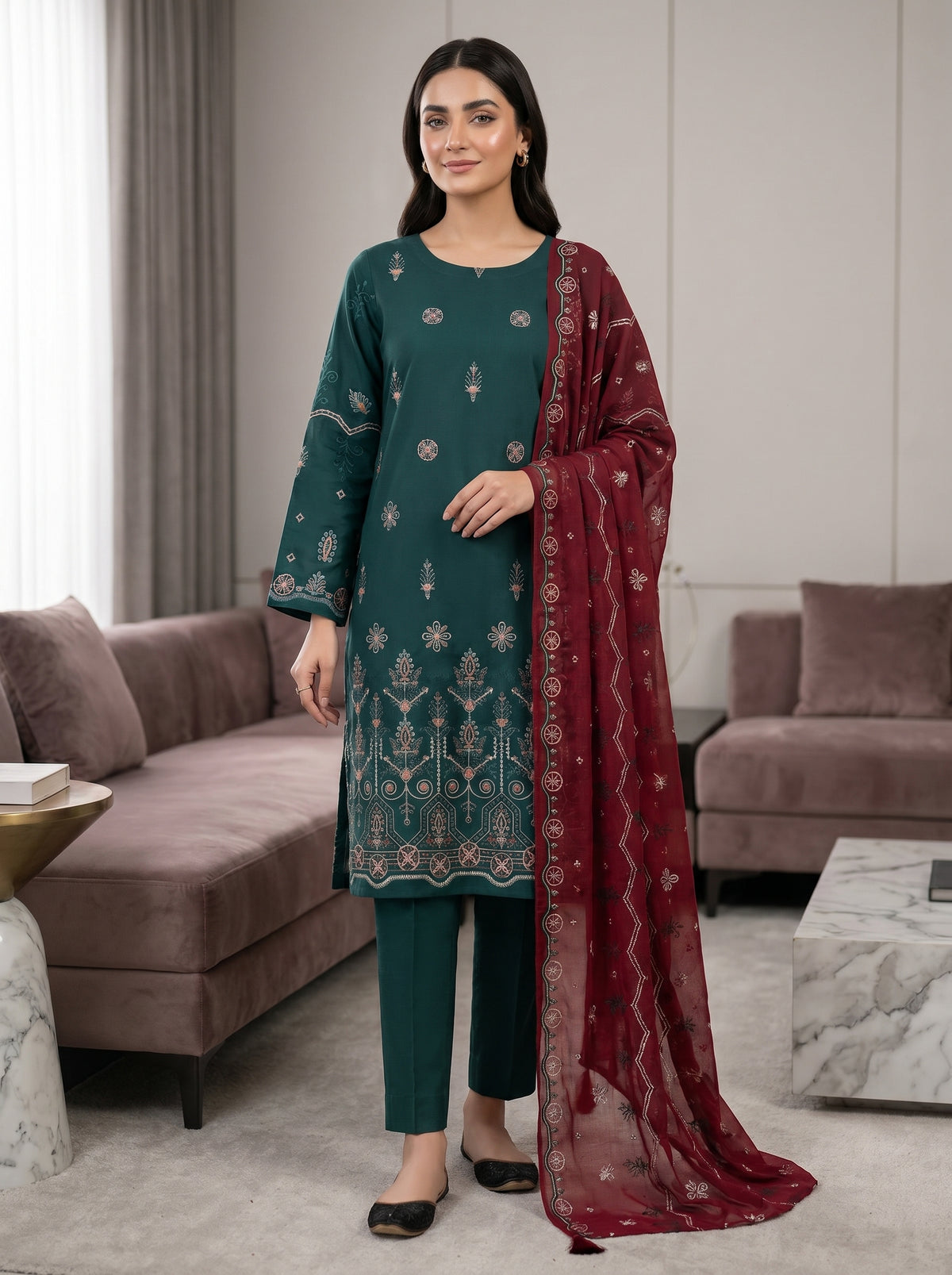 RTS | Bana Dora Lawn 3PC Heavy Embroidered Suit with Bamber Dupatta