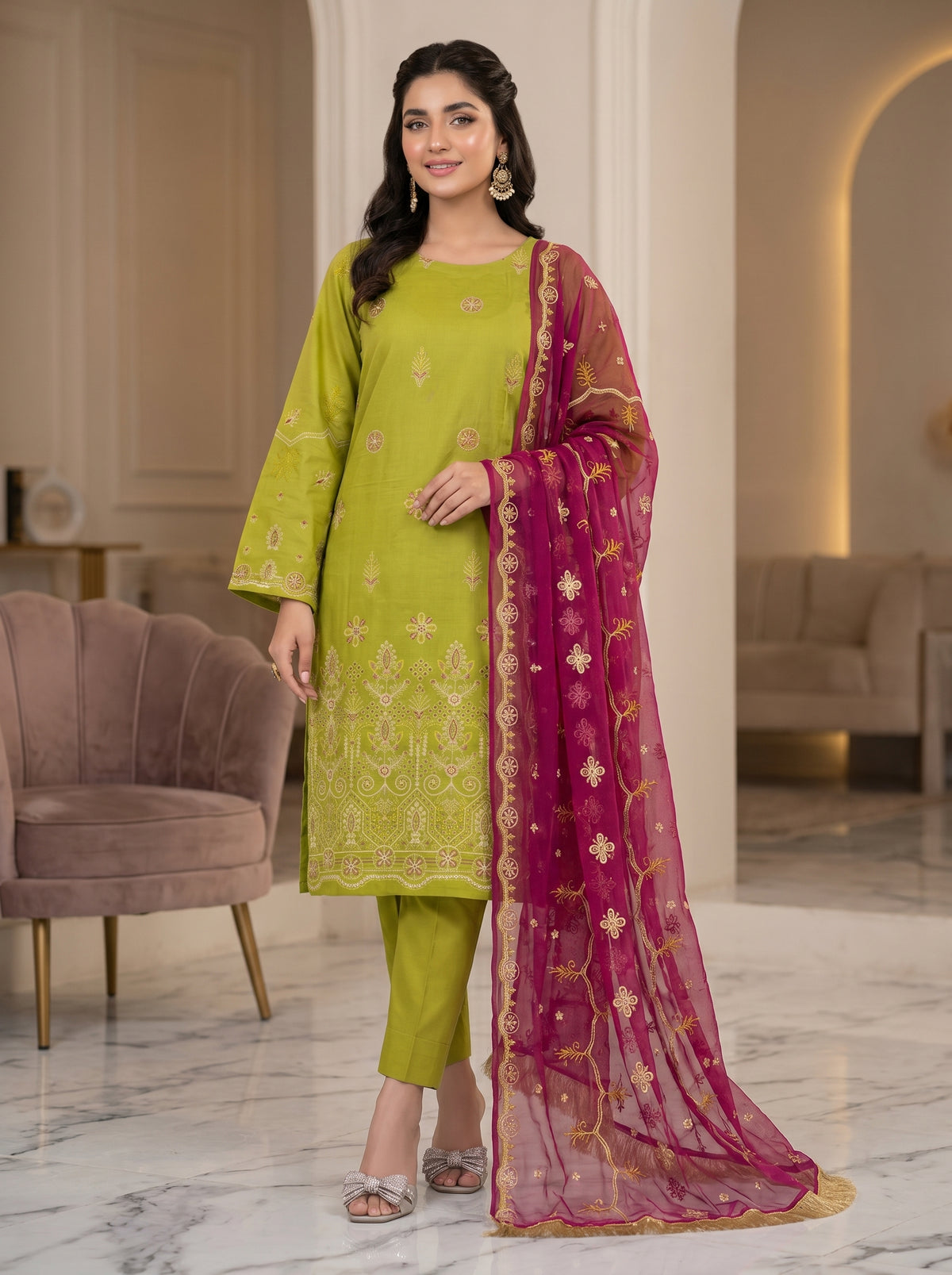 RTS | Bana Dora Lawn 3PC Heavy Embroidered Suit with Bamber Dupatta