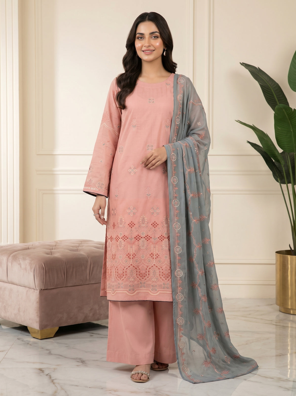RTS | Bana Dora Lawn 3PC Heavy Embroidered Suit with Bamber Dupatta