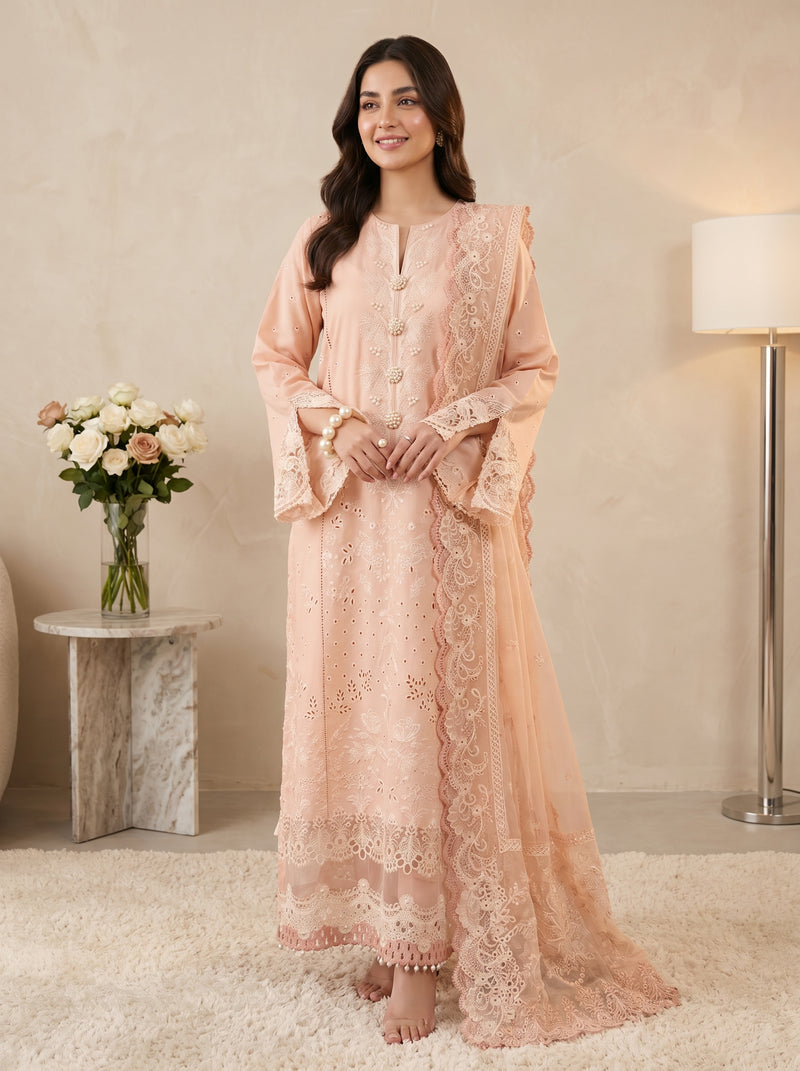 RTS | 3PC Heavy Embroidered Suit with Cotton Net Dupatta