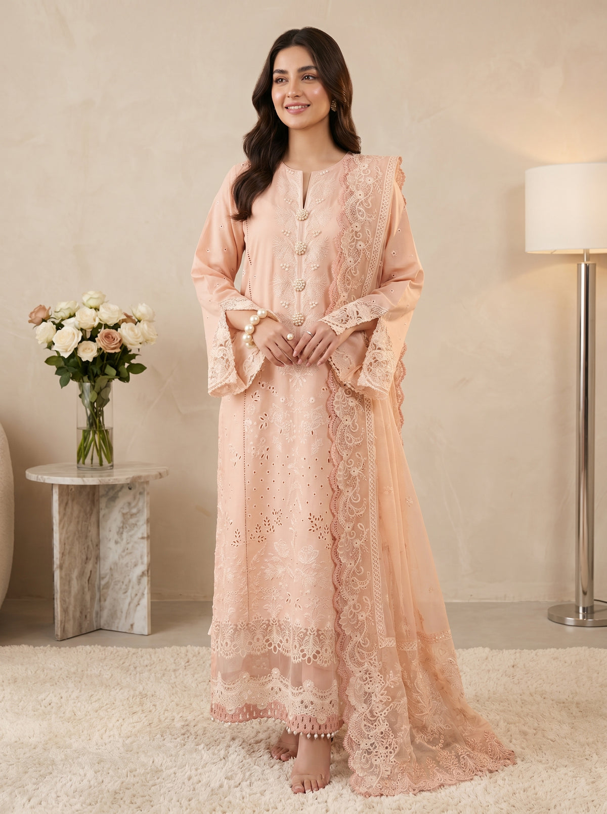 RTS | 3PC Heavy Embroidered Suit with Cotton Net Dupatta