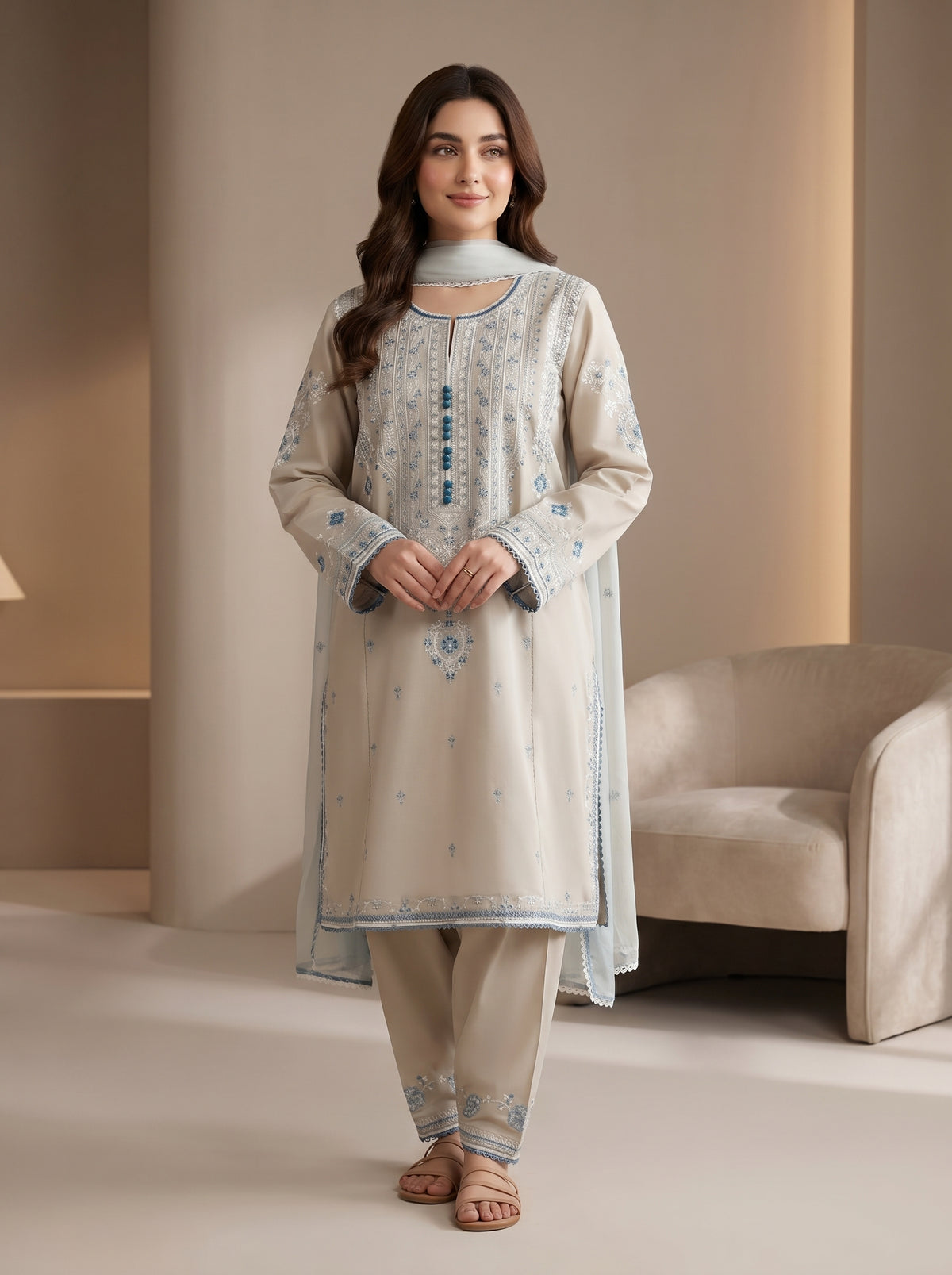 RTS | 3PC Heavy Embroidered Suit with Digital Printed Dupatta