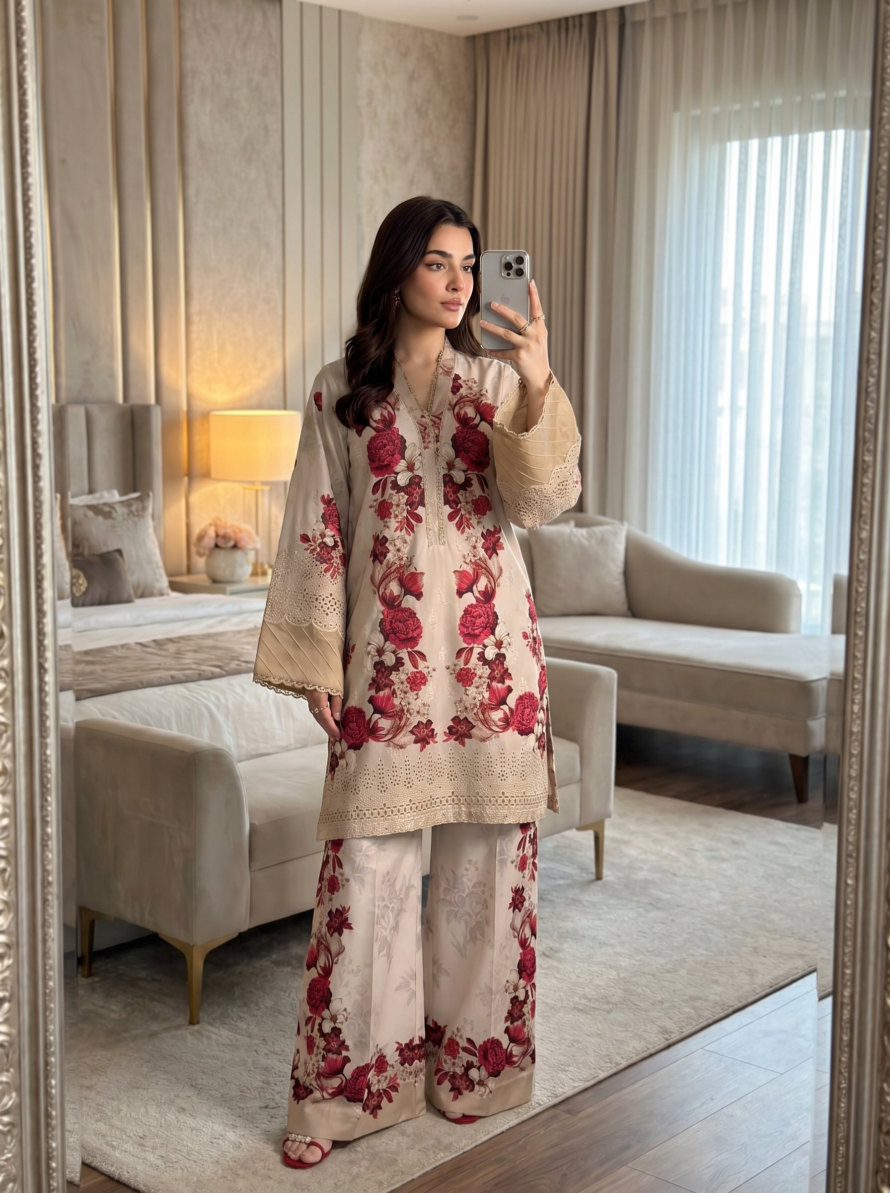 RTS | 3PC Digital Printed Suit with Chikankari Embroidery