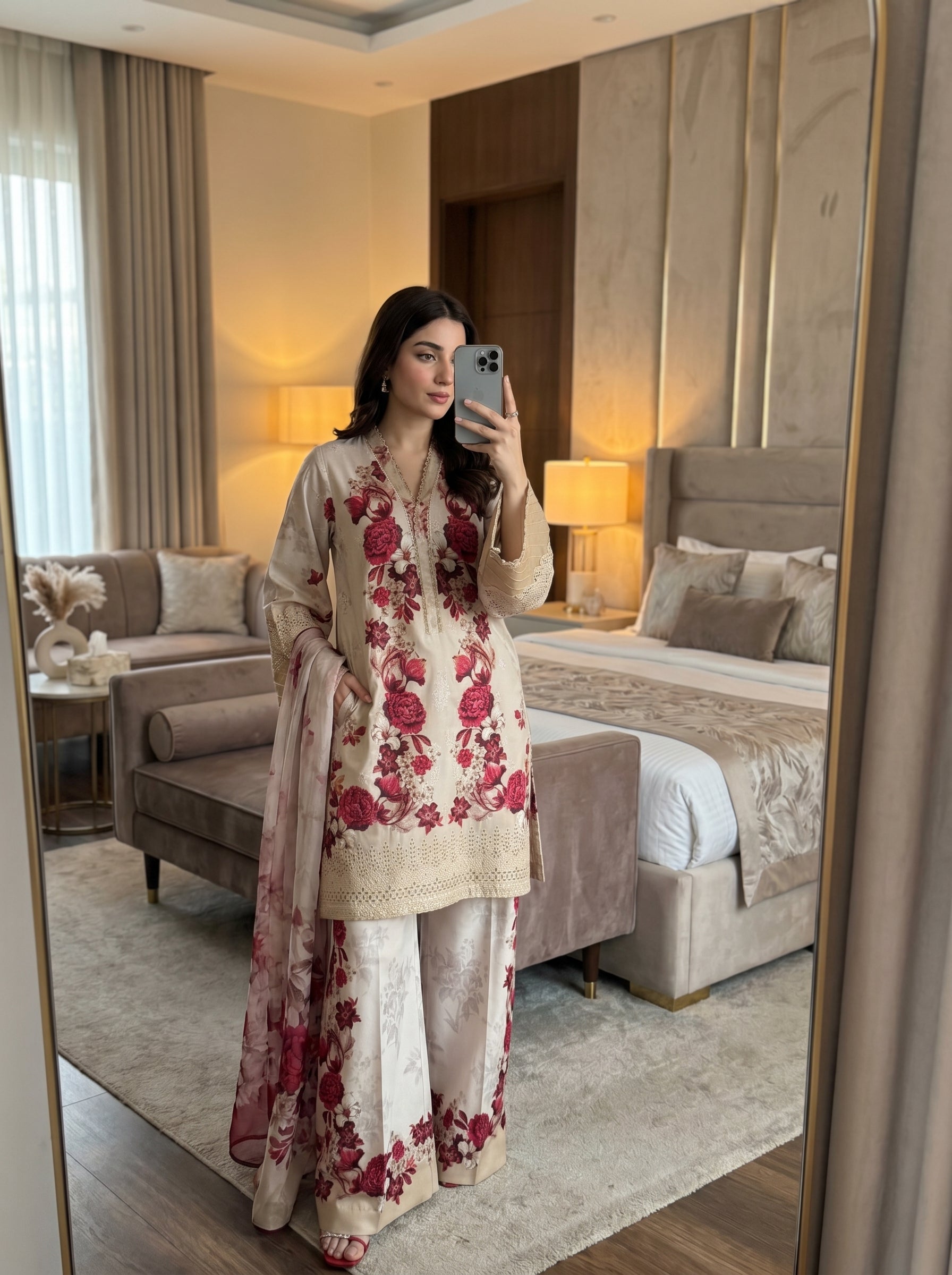 RTS | 3PC Digital Printed Suit with Chikankari Embroidery