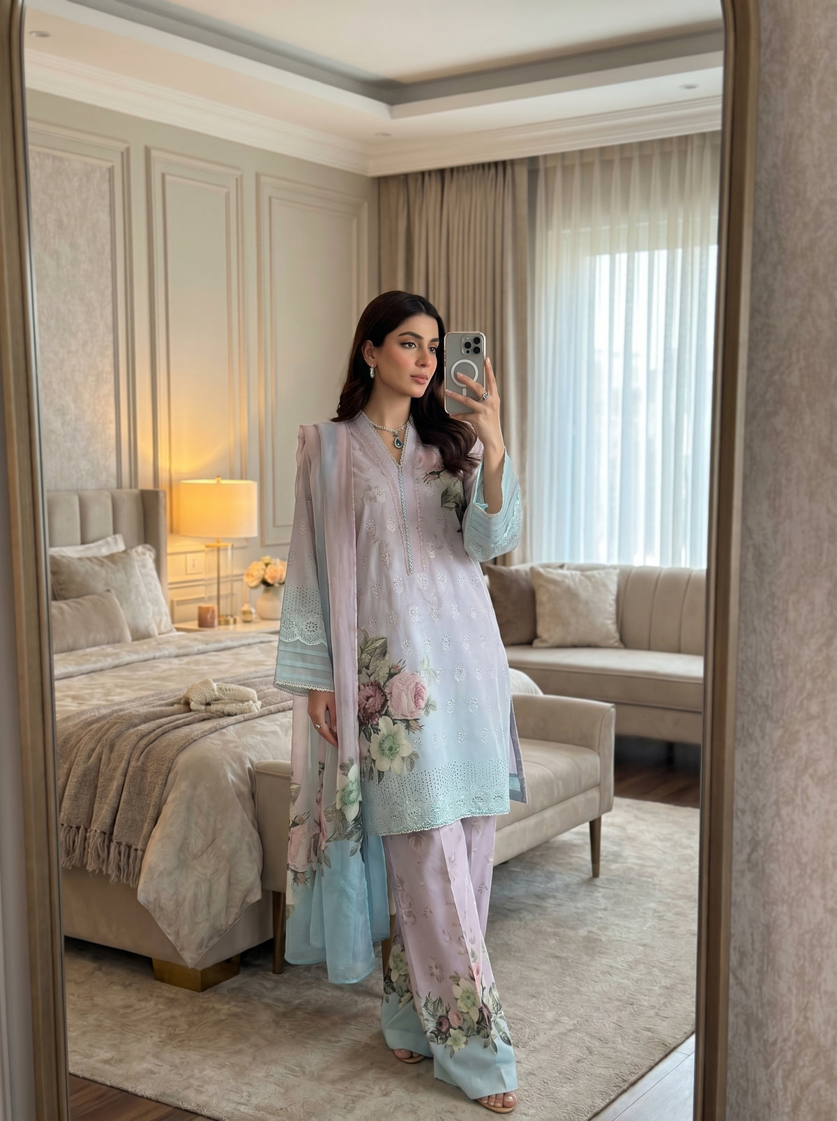 RTS | 3PC Digital Printed Suit with Chikankari Embroidery
