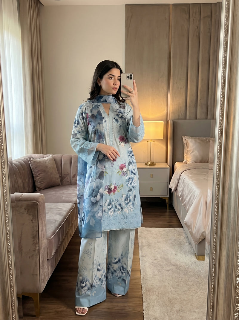 RTS | 3PC Digital Printed Suit with Chikankari Embroidery