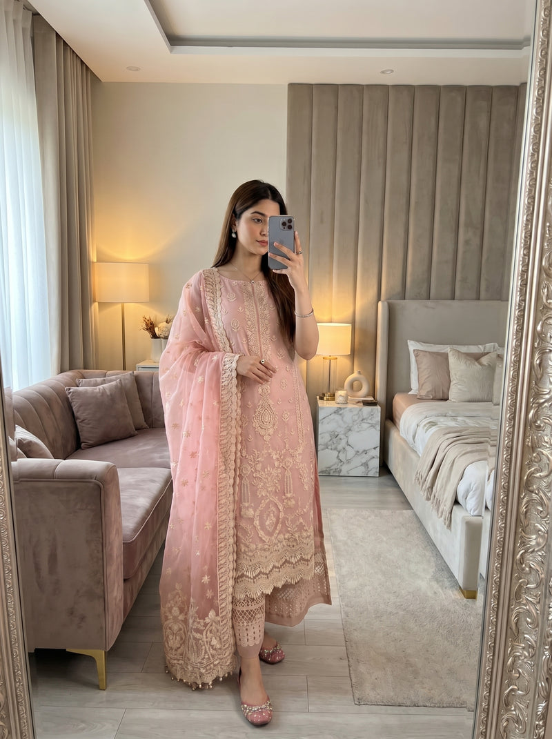 RTS | 3PC Heavy Embroidered Suit with Organza Dupatta