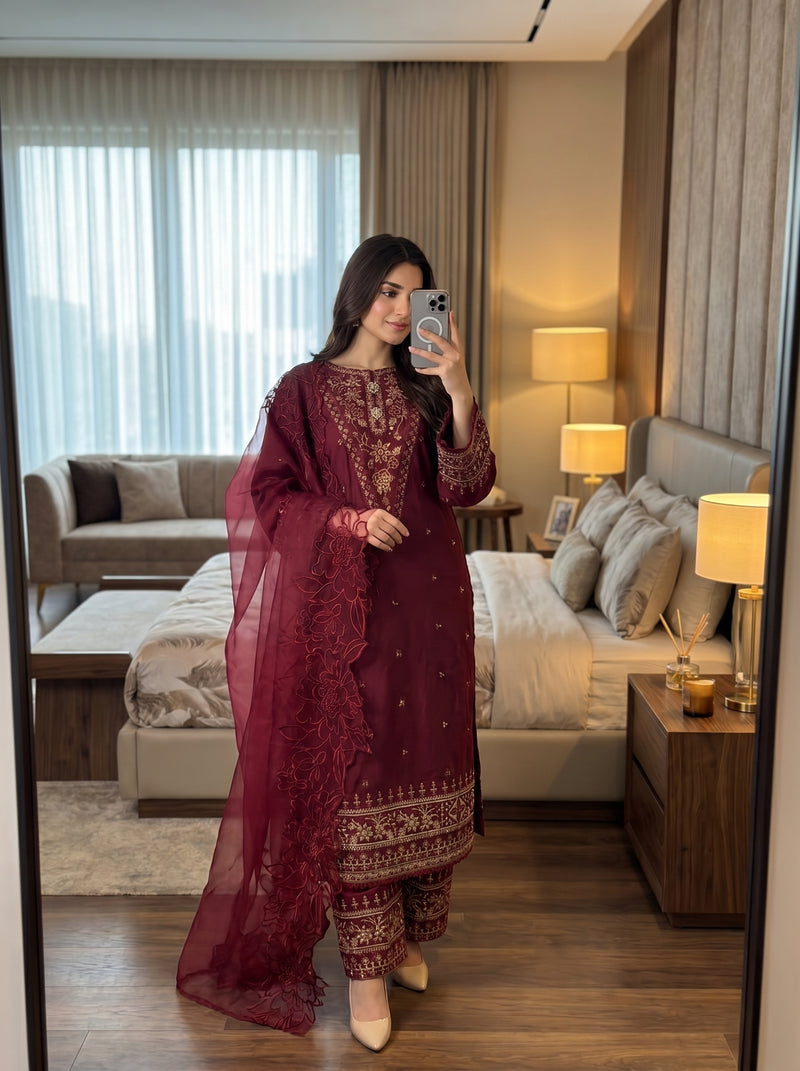 RTS | 3PC Heavy Sequence Embroidered Suit with Organza Dupatta