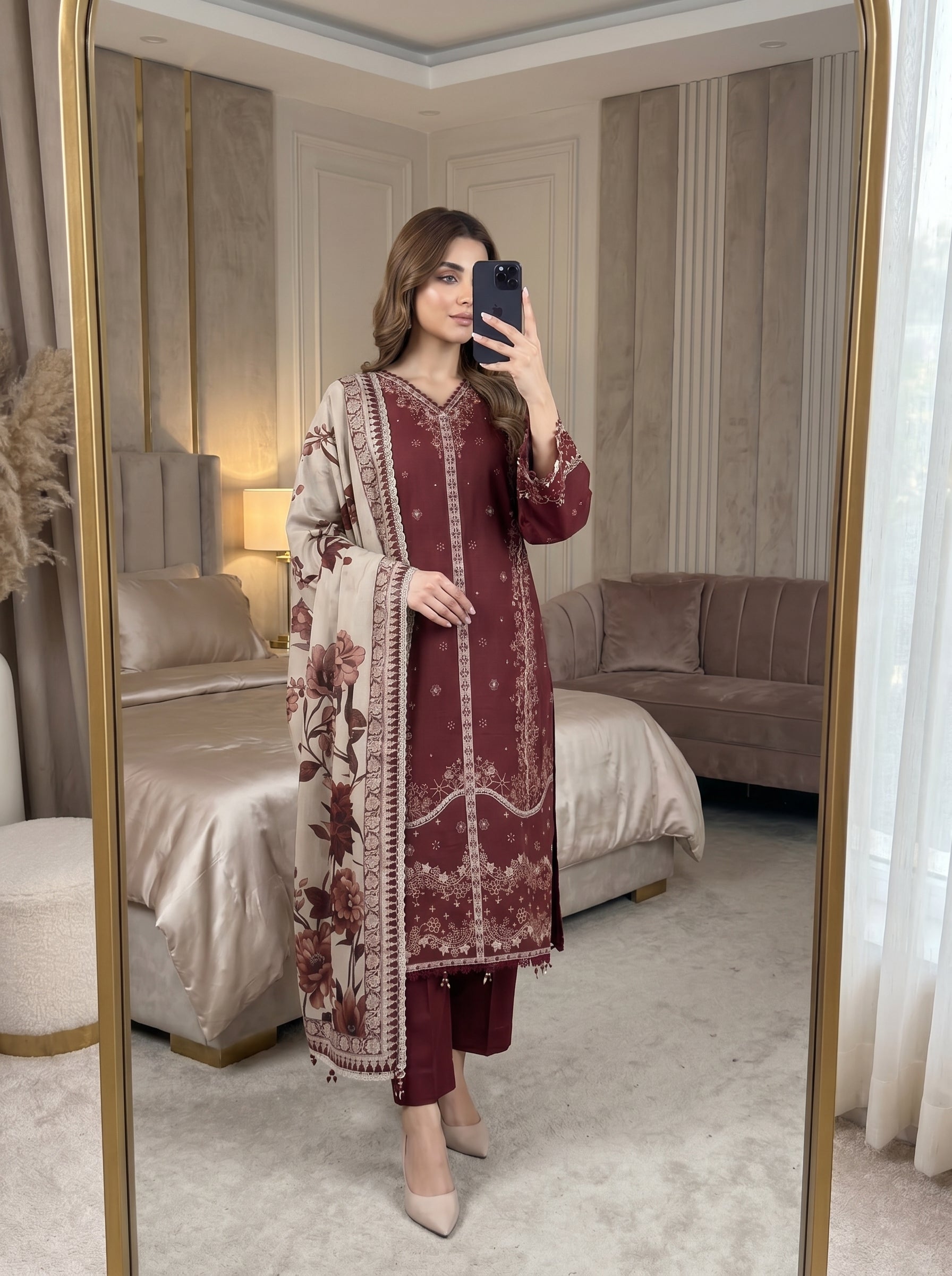 RTS | 3PC Heavy Embroidered Suit with Digital Print Voile Dobby Dupatta