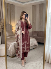 RTS | 3PC Heavy Embroidered Suit with Digital Print Voile Dobby Dupatta