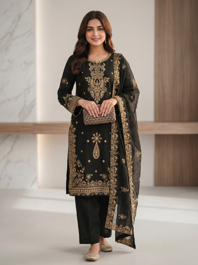 RTS | 3PC Heavy Embroidered Suit with Doriya Lawn Dupatta