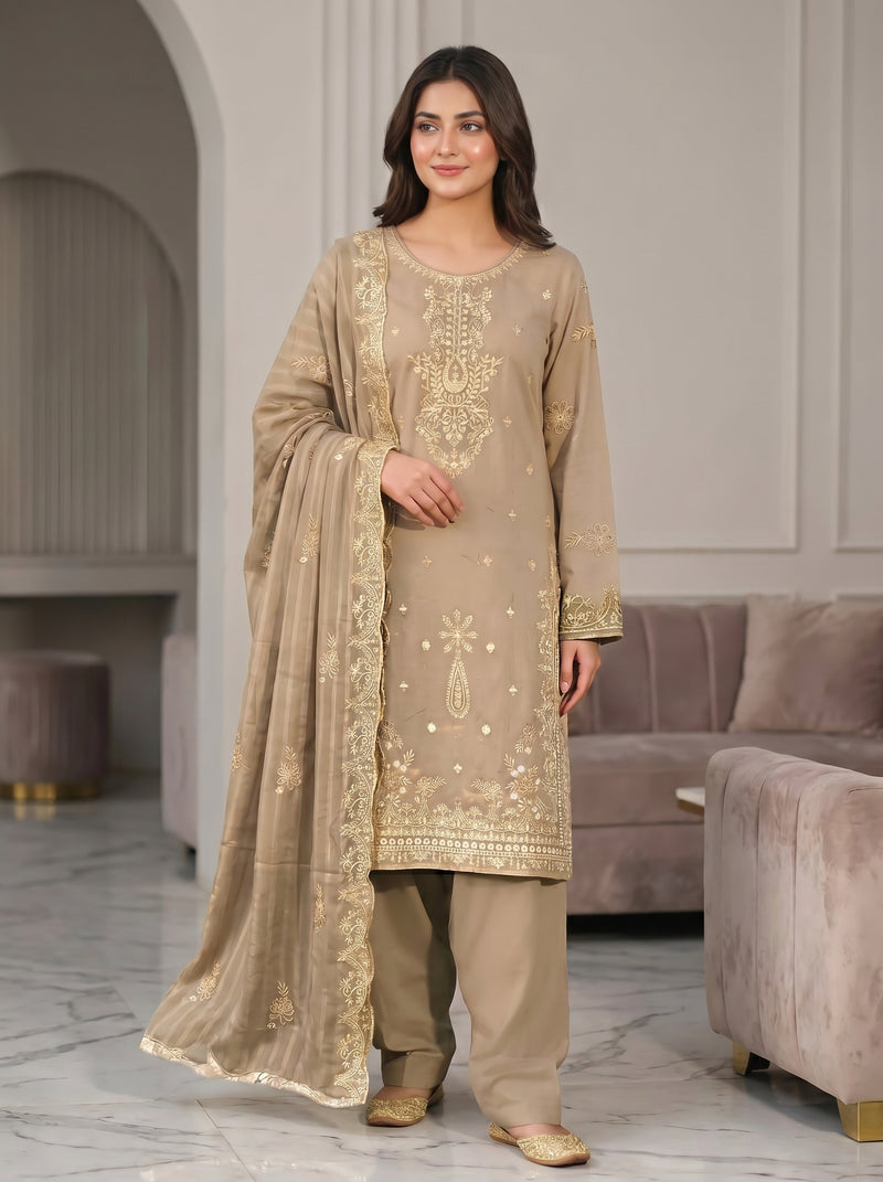 RTS | 3PC Heavy Embroidered Suit with Doriya Lawn Dupatta