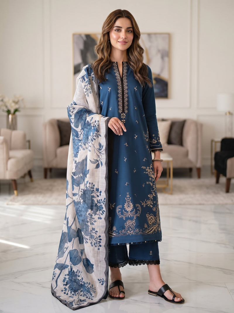 RTS | 3PC Heavy Embroidered Suit with Digital Printed Dupatta