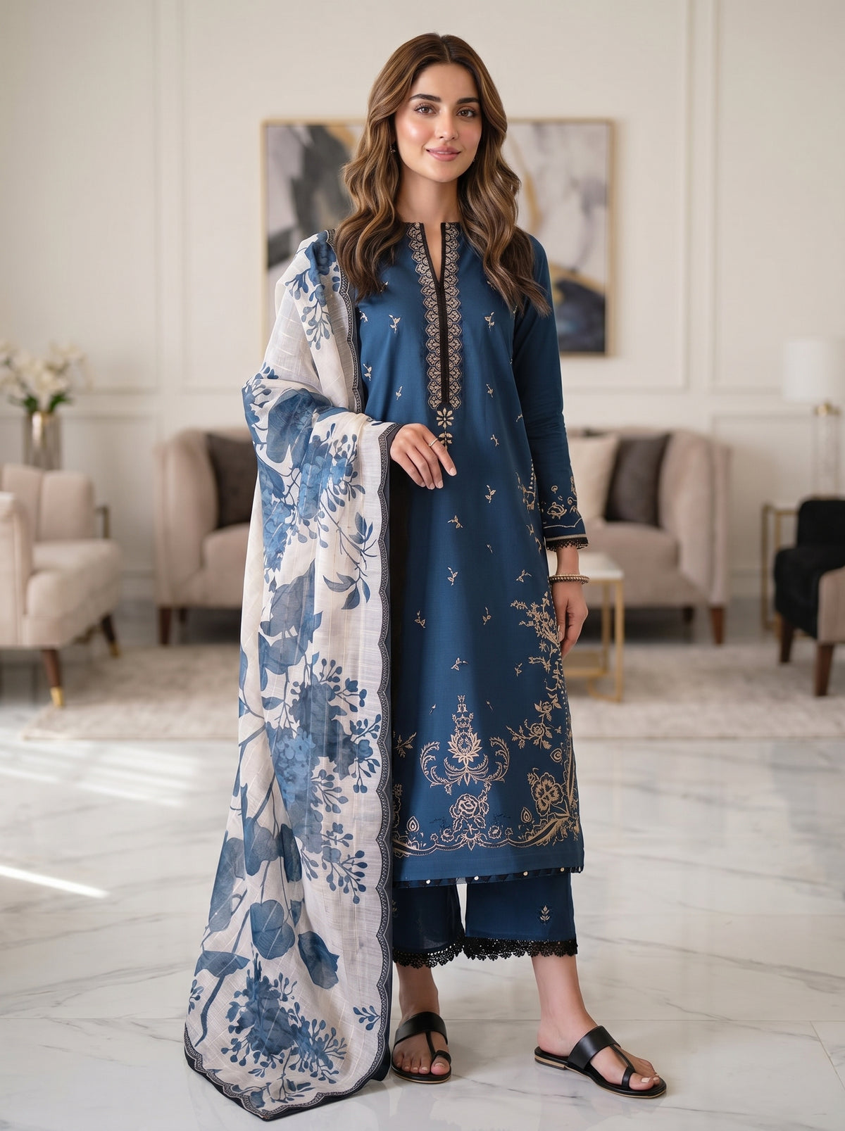 RTS | 3PC Heavy Embroidered Suit with Digital Printed Dupatta