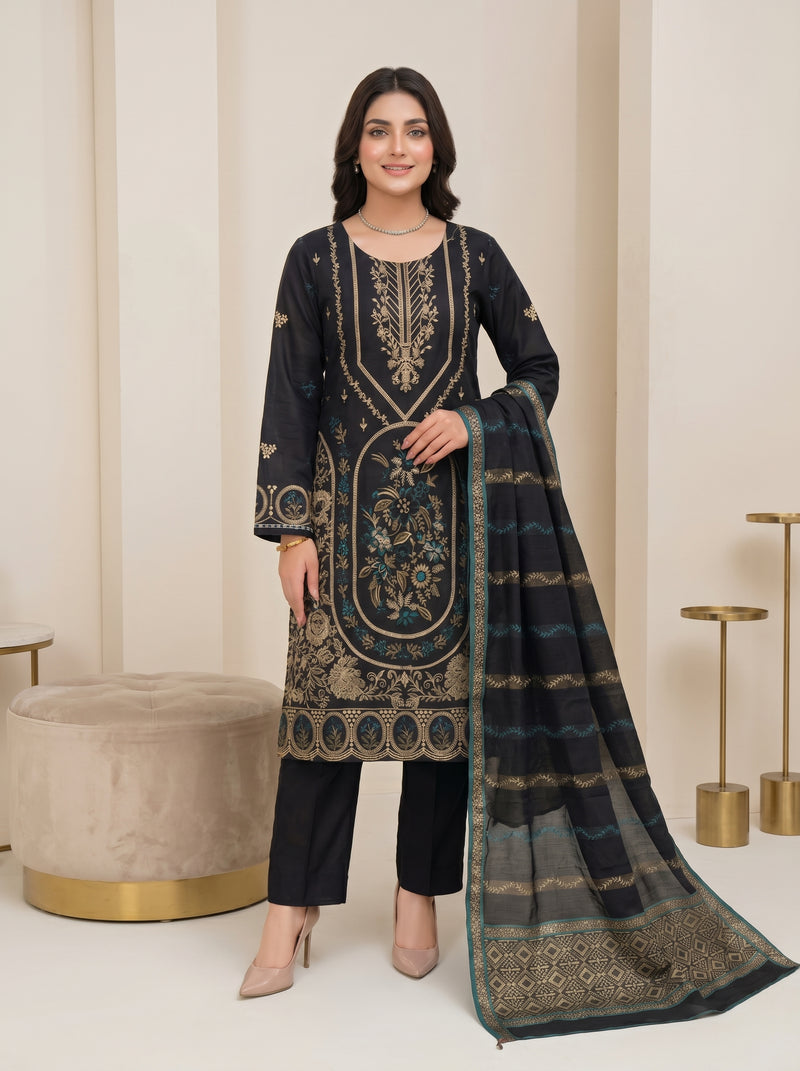 RTS | 3PC Heavy Embroidered Suit with Jacquard Barosha Dupatta