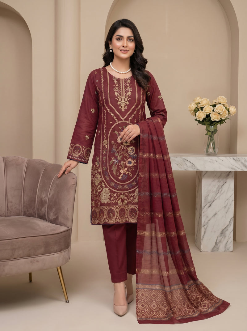 RTS | 3PC Heavy Embroidered Suit with Jacquard Barosha Dupatta