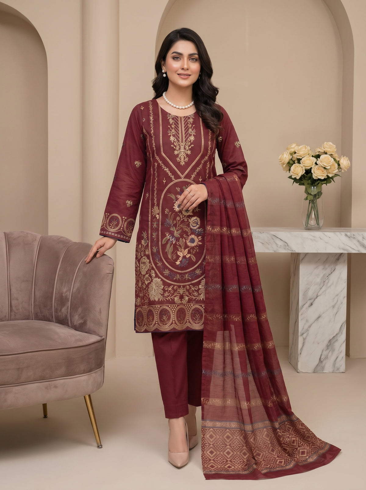 RTS | 3PC Heavy Embroidered Suit with Jacquard Barosha Dupatta