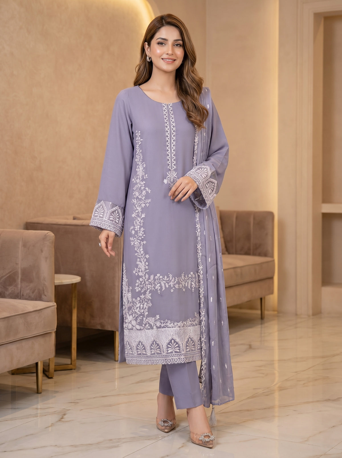 RTS | 3PC Luxury Heavy Embroidered Suit with Bamber Chiffon Dupatta