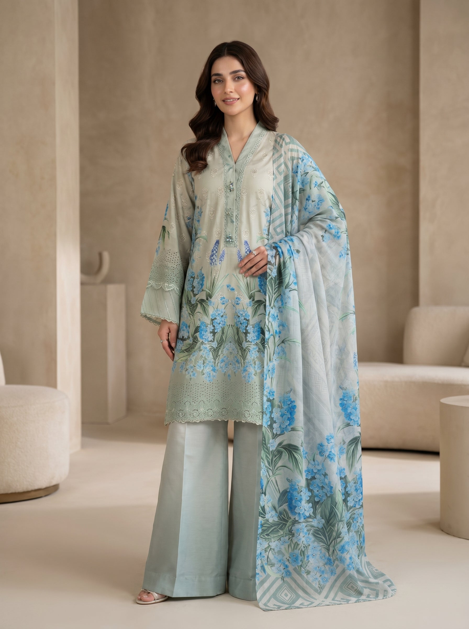 RTS | 3PC Digital Printed Suit with Chikankari Embroidery
