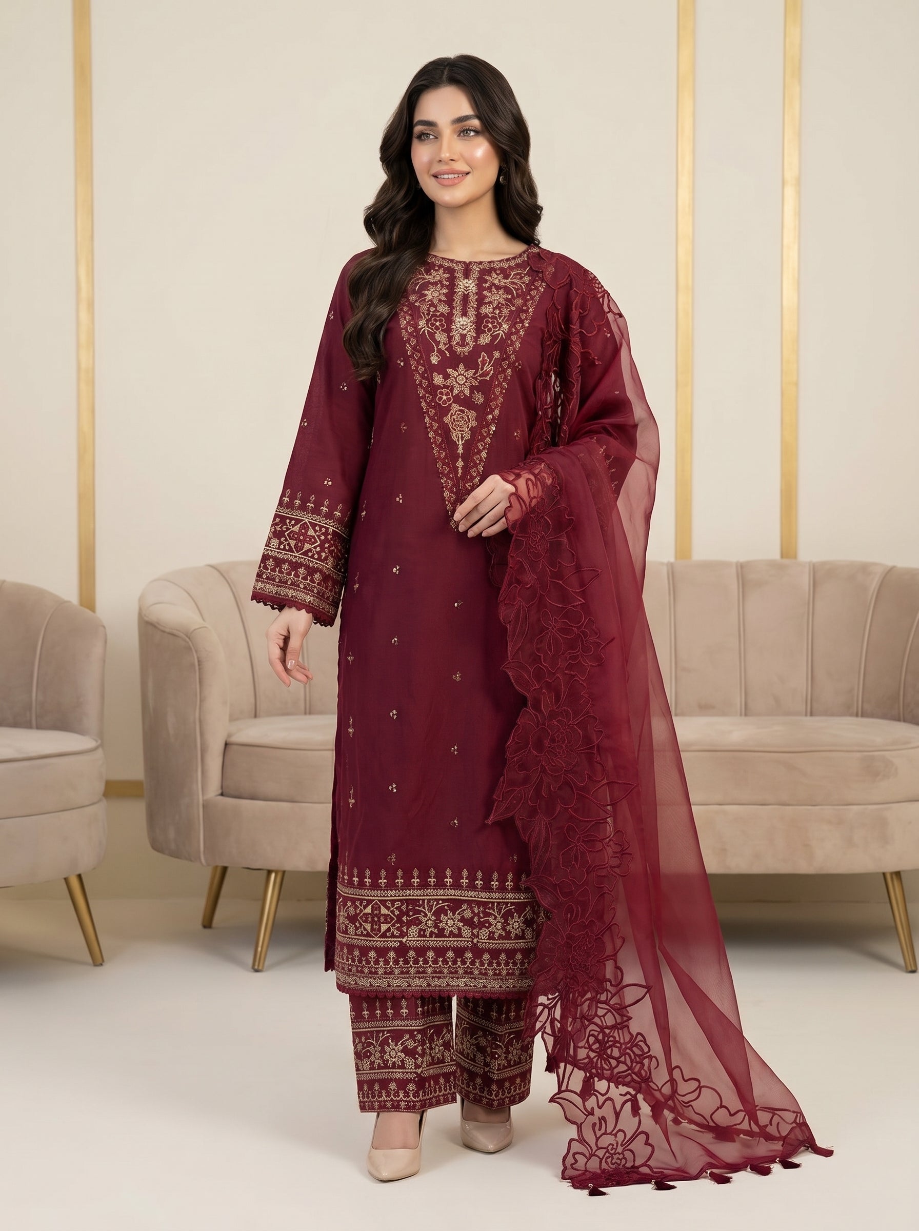 RTS | 3PC Heavy Sequence Embroidered Suit with Organza Dupatta
