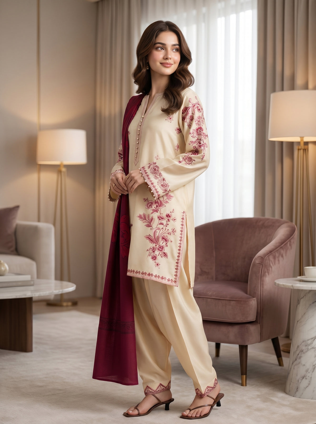 RTS | 3PC Heavy Embroidered Suit with Digital Print Voile Dobby Dupatta