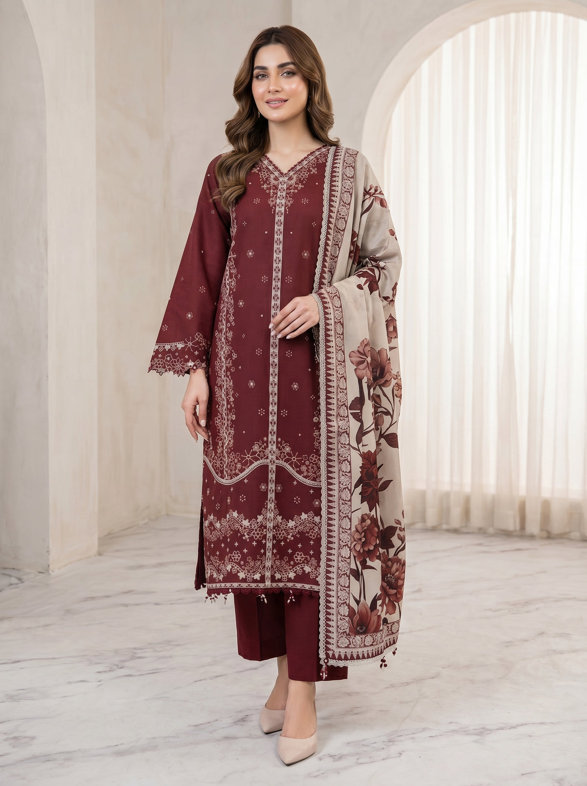 RTS | 3PC Heavy Embroidered Suit with Digital Print Voile Dobby Dupatta