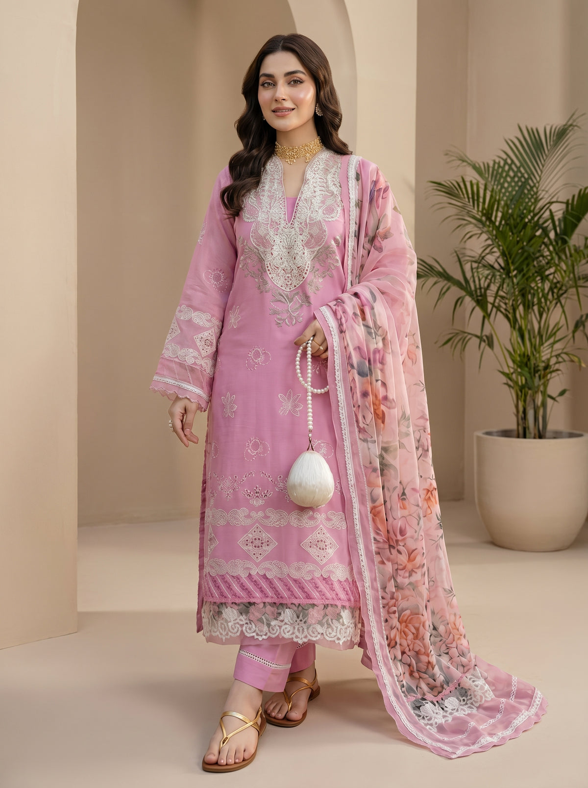 RTS | 3pc Heavy Embroidered Suit with Chiffon Printed Dupatta