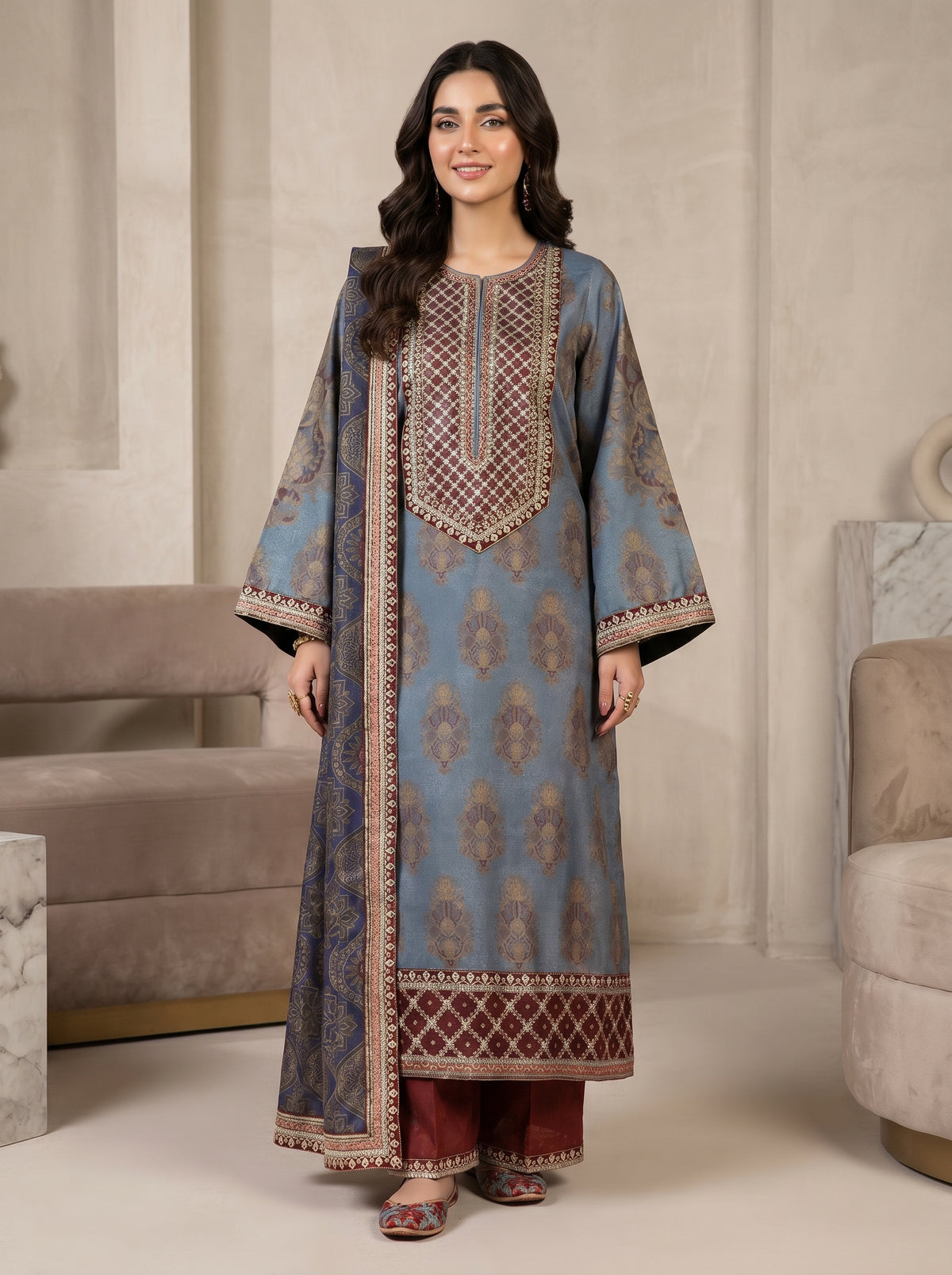 RTS | 3PC Digital Printed Suit with Ready-to-Wear Lace Dupatta