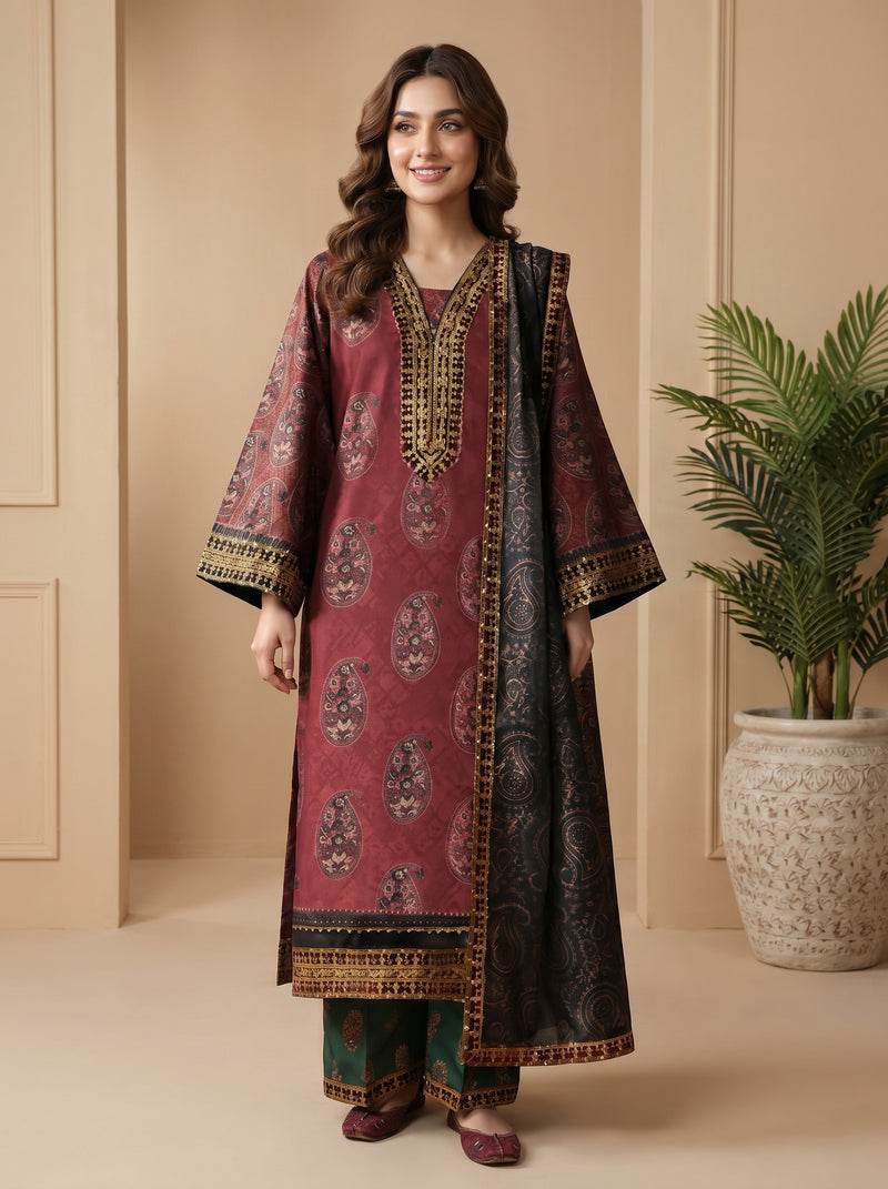 RTS | 3PC Digital Printed Suit with Ready-to-Wear Lace Dupatta