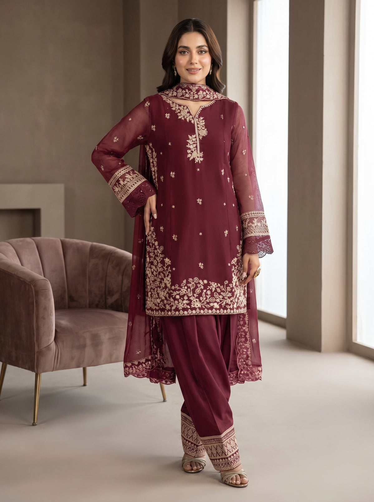 RTS | 3PC Sequence Heavy Embroidered Suit with Bamber Dupatta
