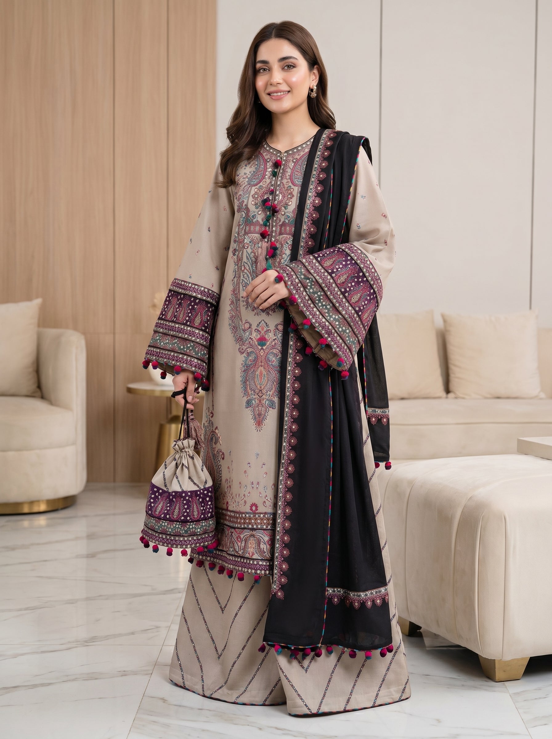 RTS | 3PC Heavy Embroidered Suit with Indian Chiffon Dupatta