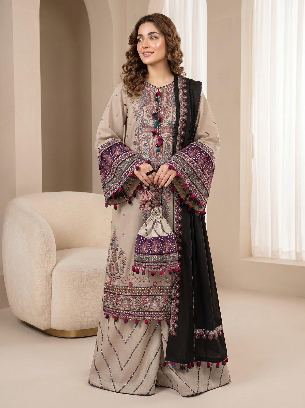 RTS | 3PC Heavy Embroidered Suit with Indian Chiffon Dupatta