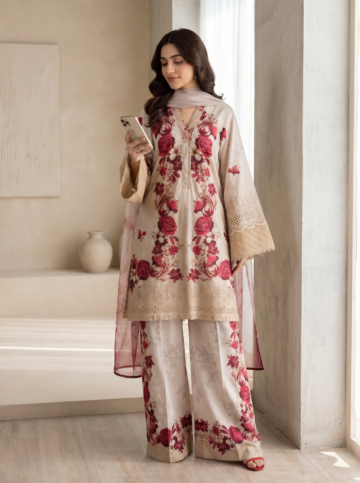 RTS | 3PC Digital Printed Suit with Chikankari Embroidery
