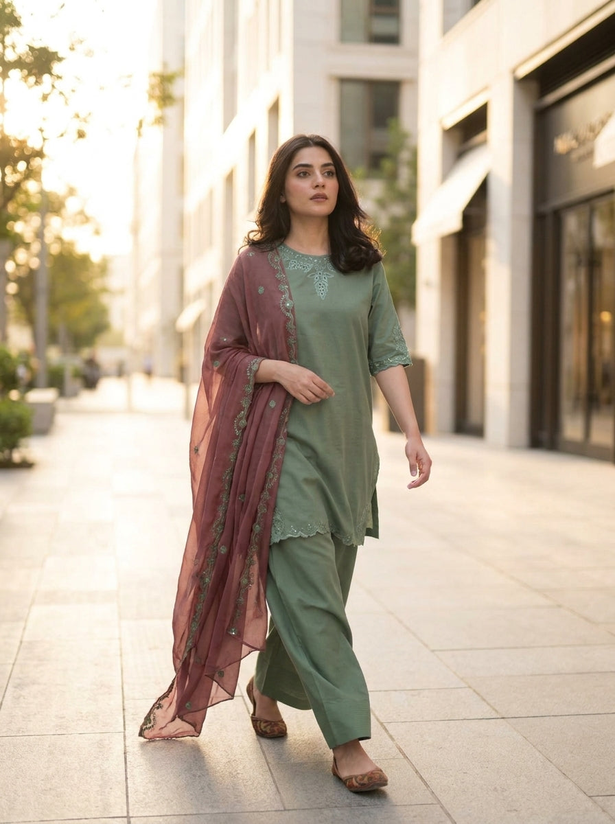 RTS | 3PC Chikankari Heavy Embroidered Suit with Bamber Chiffon Dupatta