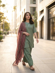 RTS | 3PC Chikankari Heavy Embroidered Suit with Bamber Chiffon Dupatta