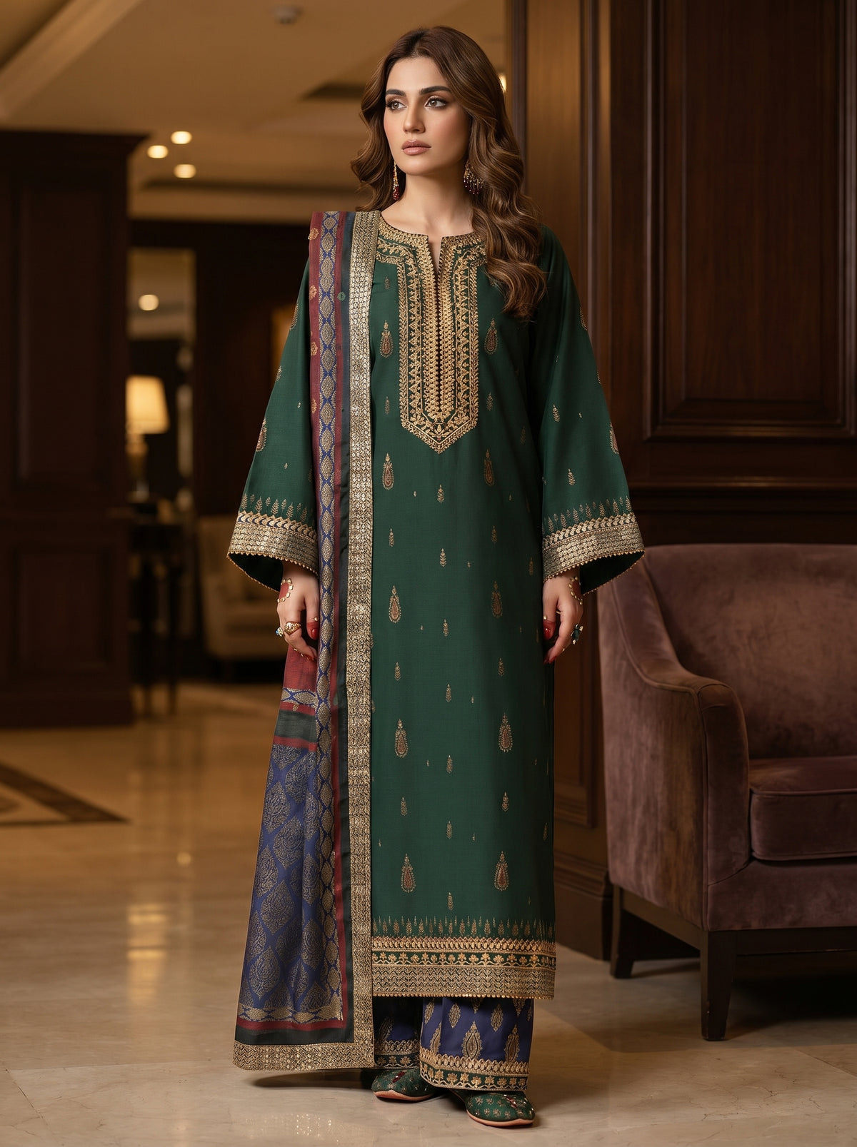 RTS | 3PC Digital Printed Suit with Ready-to-Wear Lace Dupatta