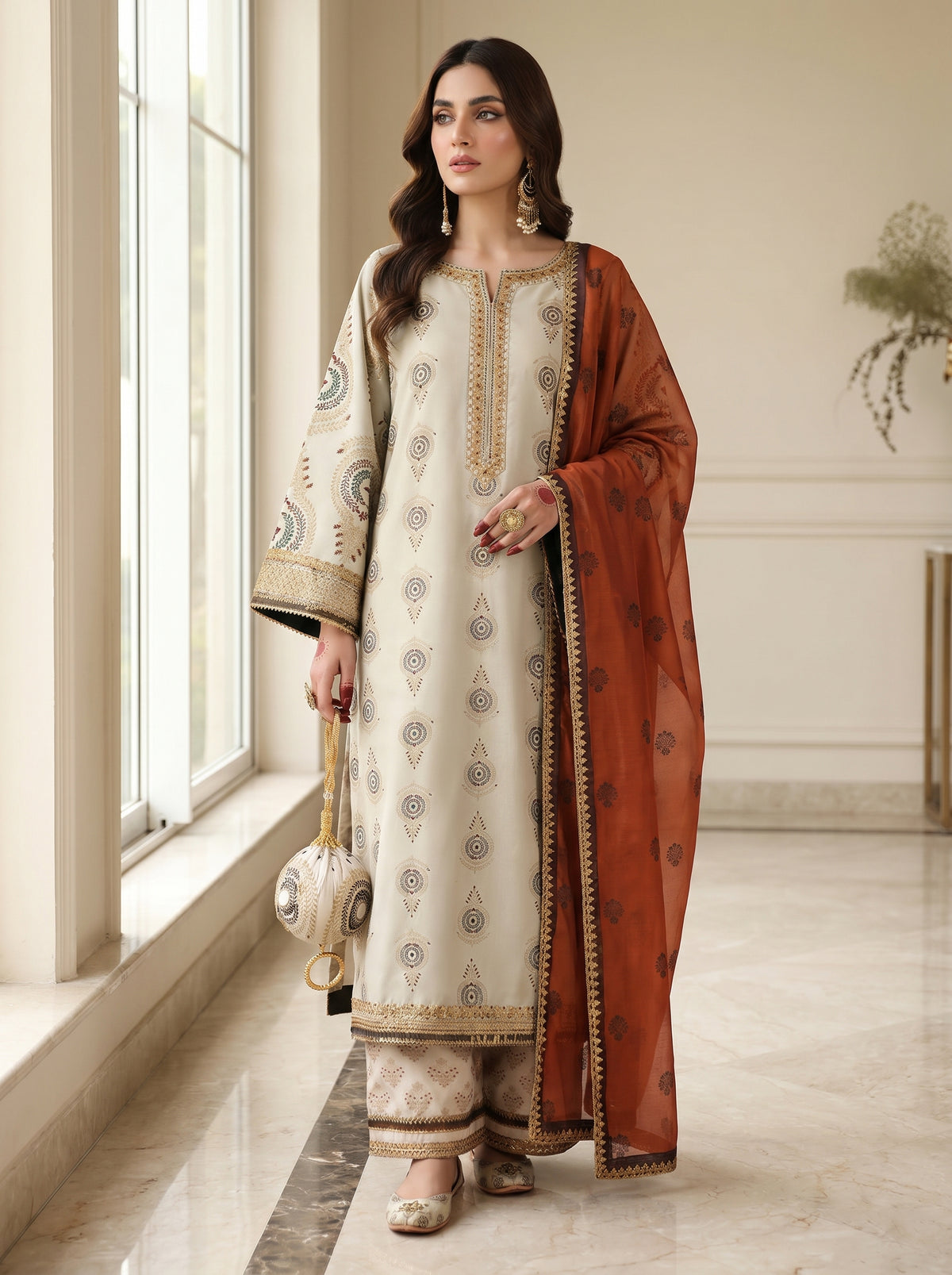 RTS | 3PC Digital Printed Suit with Ready-to-Wear Lace Dupatta